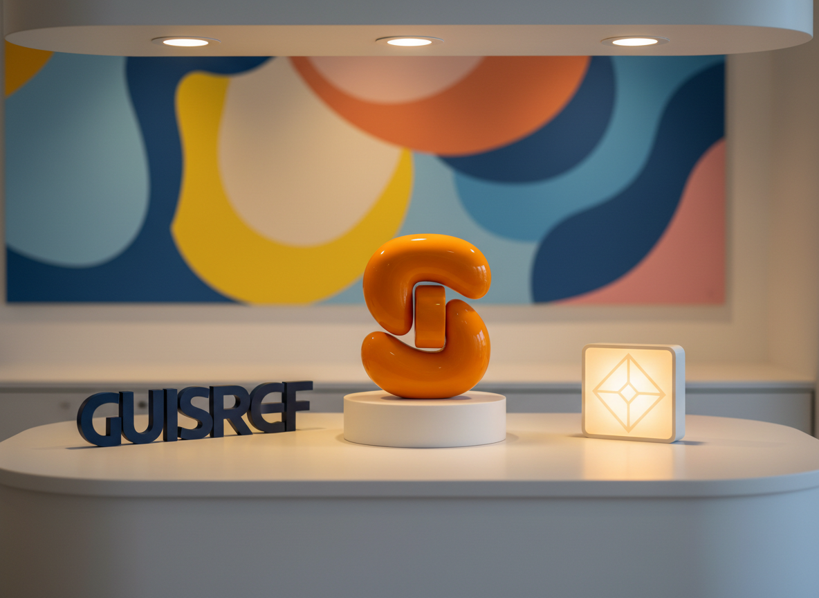 A modern shop counter display showcasing custom 3D-printed business logos and signage: a chunky, rounded 3D logo in glossy orange standing upright on a white plinth, a sleek wordmark in matte navy with raised letters, and a small, backlit sign with translucent filament glowing softly from within. They are arranged on a pristine, light-gray countertop with curved edges, backed by a blurred wall featuring abstract, colorful shapes. Warm, diffused spotlights from above create gentle highlights and defined but soft shadows, giving depth to every edge and curve. The mood is professional yet playful, with photographic realism, centered composition, and bright, optimistic colors that convey a creative branding service.