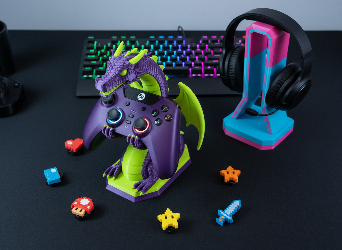 An overhead view of a colorful gamer-themed 3D printing setup, with a bold, custom-printed controller stand shaped like a stylized dragon wrapped around a gamepad, printed in glossy purple and neon lime. Surrounding it are small, 3D-printed cable clips shaped like pixelated icons and a headset stand with angular yet rounded, futuristic lines. The pieces rest on a clean, matte-black desk accented with RGB glow from a nearby keyboard, adding subtle reflections to the plastic surfaces. Soft, cool studio lighting mixes with the RGB colors, creating a dynamic, playful atmosphere. Photographic realism with sharp focus throughout, emphasizing bright colors, rounded forms, and an organized yet energetic composition.