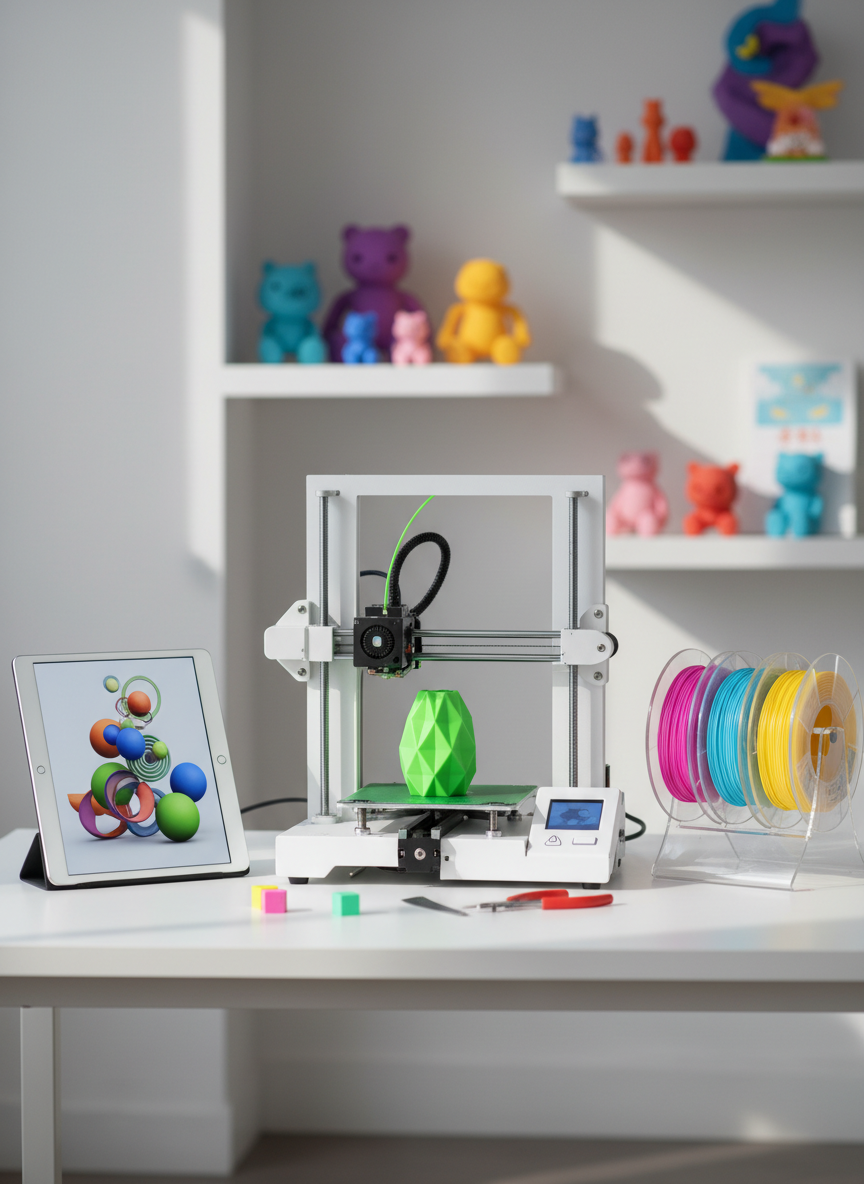 A vibrant 3D printer workstation on a clean white desktop, featuring a compact FDM 3D printer mid-job, carefully extruding bright neon-green filament into a detailed geometric vase. Around it, neatly organized spools of filament in cyan, magenta, and yellow sit on rounded holders, with a tablet displaying a colorful 3D model preview. Soft studio lighting from the left creates gentle highlights on the glossy plastic surfaces and subtle shadows behind the curved forms. The background is softly blurred shelves with whimsical printed objects, in a playful, energetic atmosphere. Photographic realism, eye-level composition, with shallow depth of field and bright, saturated colors that feel modern and fun.