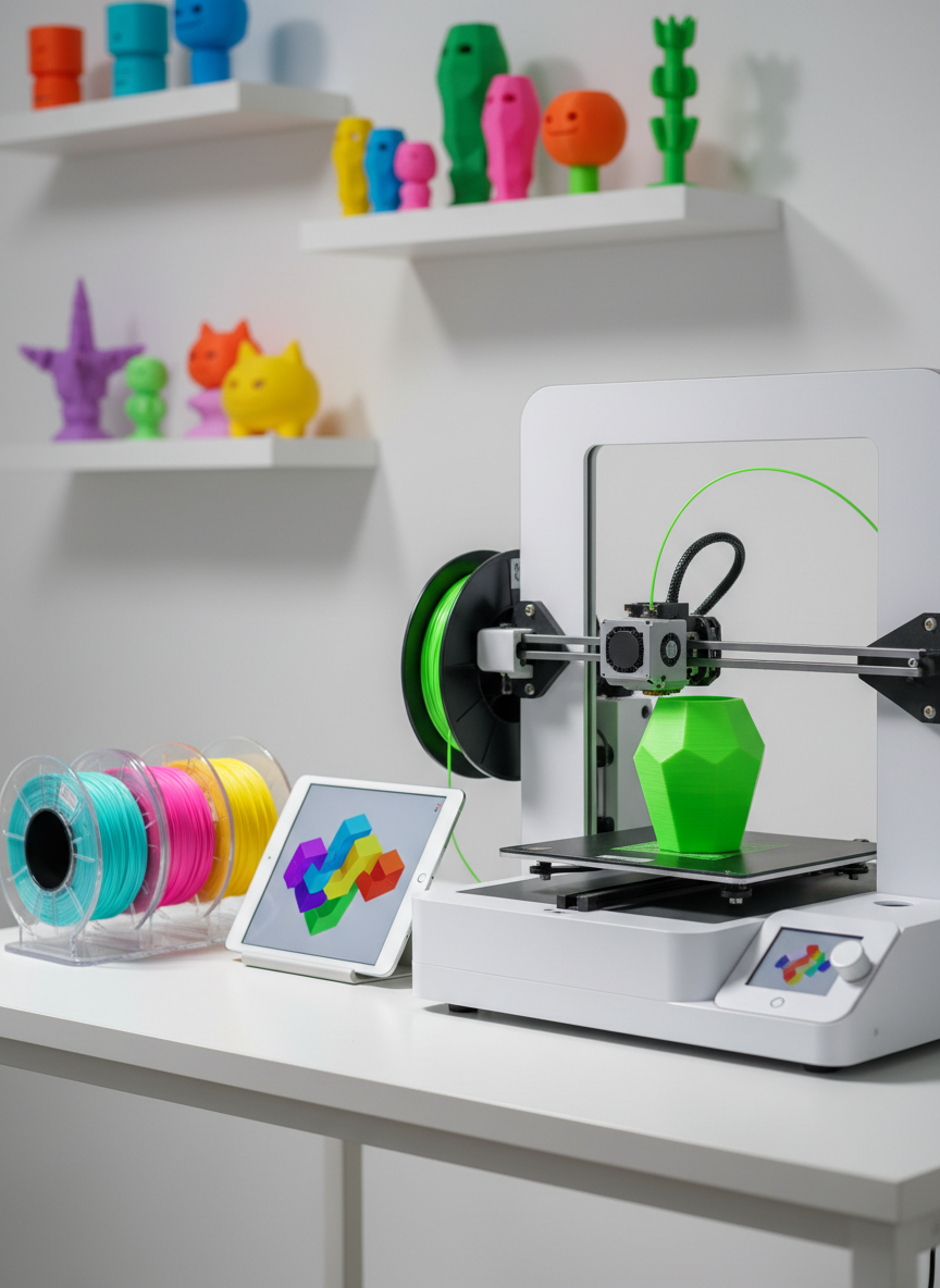 A vibrant 3D printer workstation on a clean white desktop, featuring a compact FDM 3D printer mid-job, carefully extruding bright neon-green filament into a detailed geometric vase. Around it, neatly organized spools of filament in cyan, magenta, and yellow sit on rounded holders, with a tablet displaying a colorful 3D model preview. Soft studio lighting from the left creates gentle highlights on the glossy plastic surfaces and subtle shadows behind the curved forms. The background is softly blurred shelves with whimsical printed objects, in a playful, energetic atmosphere. Photographic realism, eye-level composition, with shallow depth of field and bright, saturated colors that feel modern and fun.