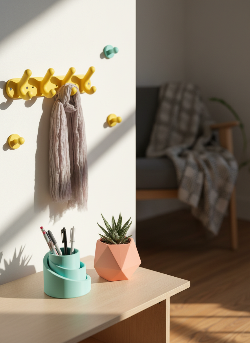 A cozy living-room corner styled with functional 3D-printed home accessories: a smooth, spiral desk organizer in pastel teal holding pens, a modular wall hook rail with chunky, rounded hooks in sunny yellow, and a geometric planter in soft coral housing a small succulent. All items sit on or near a light-wood side table against a white wall, where a few more 3D-printed hooks are mounted. Natural afternoon light streams in from an unseen window, casting gentle, elongated shadows and warm highlights on the plastic surfaces. Photographic realism with an eye-level, slightly angled composition and shallow depth of field, creating a welcoming, playful yet practical atmosphere.