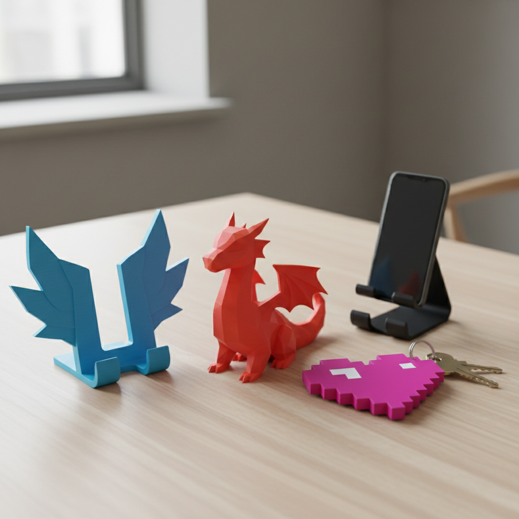 A close-up of a playful collection of 3D-printed objects spread across a light wooden table: a low-poly dragon in bright red, a stylized game controller stand in electric blue, a pixel-heart key holder in vivid magenta, and a sleek, functional phone stand in matte black. Each piece shows visible layer lines and subtle textures, emphasizing the 3D printing process. Diffused daylight from a nearby window creates soft, even illumination with gentle shadows, while the background fades into a softly blurred, minimalist studio. Shot from a slightly elevated angle with photographic realism, the composition uses rounded, whimsical arrangements and an energetic layout to convey creativity and geeky charm.
