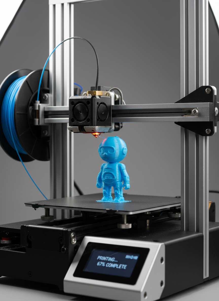 detail shot of a modern 3D printer creating a small figurine, studio lighting, clean background