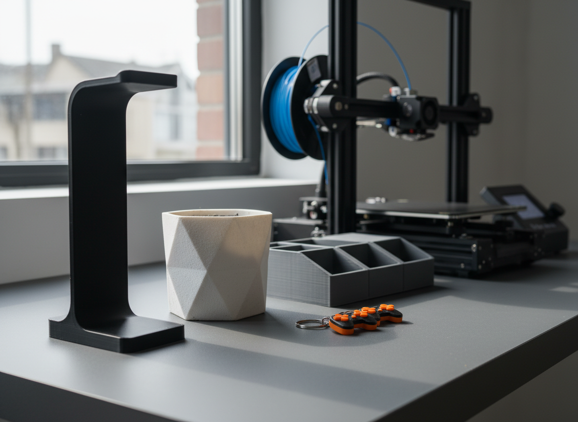 Un conjunto de productos de impresión 3D organizados sobre una mesa de trabajo gris grafito: un soporte para auriculares con acabado mate negro, una maceta geométrica blanca con textura ligeramente rugosa, un organizador de escritorio modular en tonos grises y un par de llaveros gamer con detalles naranjas brillantes. Al fondo se ve una impresora 3D FDM limpia y moderna, con una bobina de filamento cuidadosamente colocada. La escena está iluminada por luz natural lateral de una ventana amplia, generando reflejos suaves sobre el plástico y sombras definidas pero discretas. Fotografía realista, encuadre a nivel de mesa con ligera vista en ángulo, profundidad de campo media que mantiene nítidos los productos y difumina ligeramente el fondo, transmitiendo profesionalidad, orden y posibilidades de personalización.