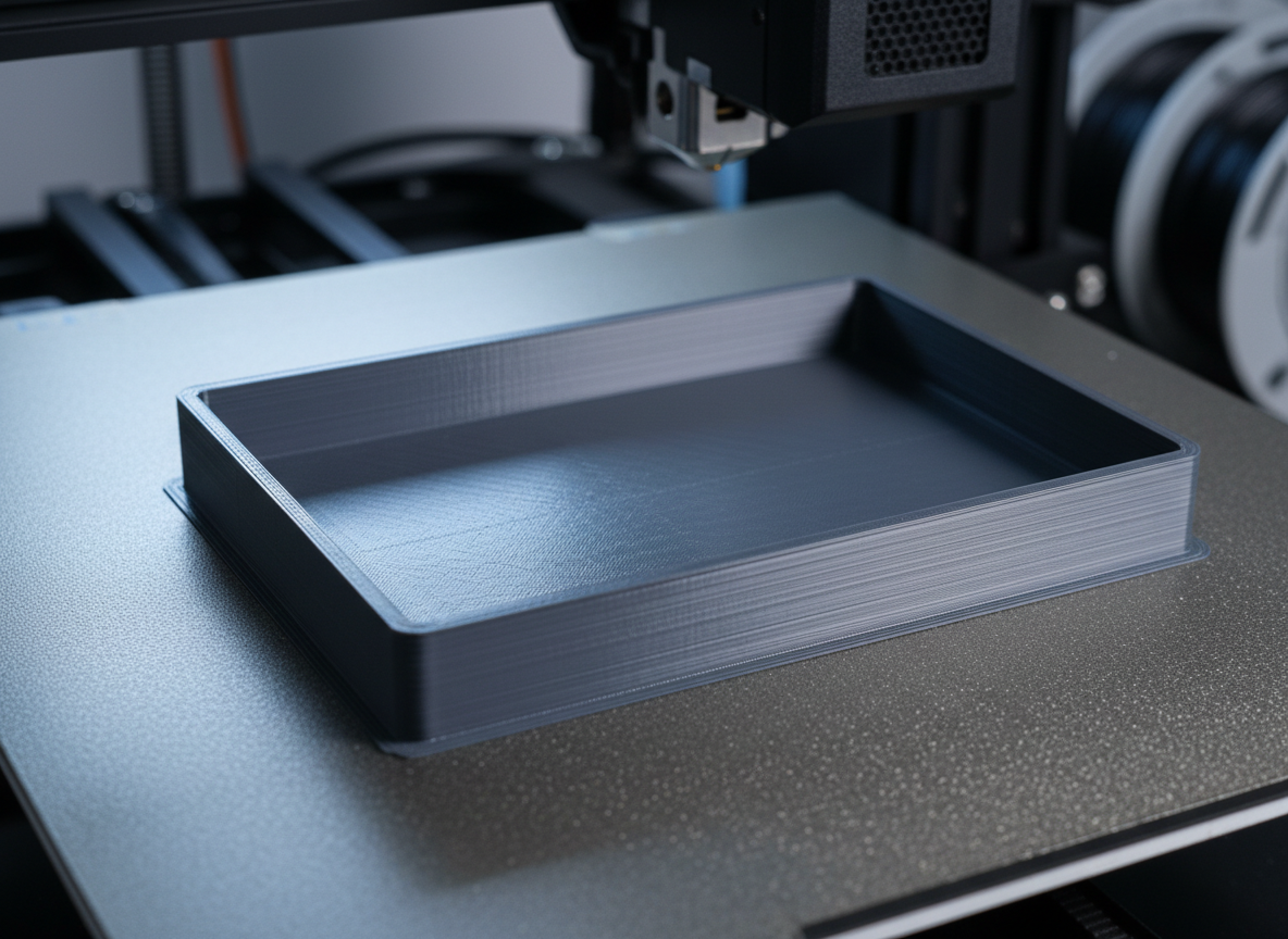 Un primer plano de una pieza 3D personalizada en proceso: una bandeja organizadora para escritorio, de plástico PLA gris oscuro con superficie ligeramente satinada, aún sobre la cama de una impresora 3D de calidad profesional. Se aprecian con detalle las líneas de capa finas y precisas, bordes limpios y una boquilla metálica detenida justo por encima de la pieza. La cama tiene superficie texturizada y adhesiva, perfectamente nivelada. Luz blanca fría de estudio desde arriba y un toque de luz lateral más cálida que resalta el volumen de las capas. Composición fotográfica realista, vista ligeramente elevada, fondo desenfocado con otras bobinas de filamento sugeridas, atmósfera técnica, precisa y confiable, ideal para explicar el proceso de impresión.