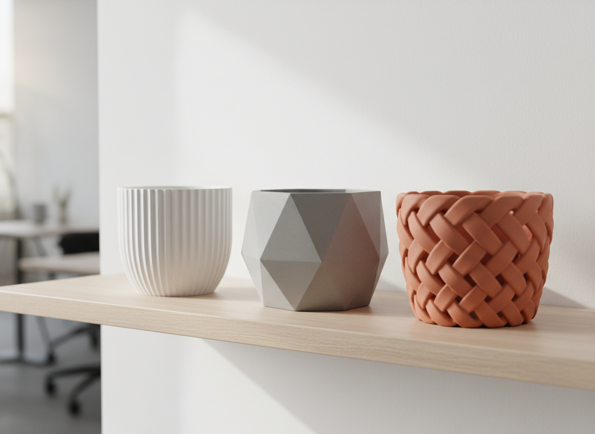 Tres macetas impresas en 3D de diseño contemporáneo, vacías para enfatizar la forma: una cilíndrica con patrón de ondas verticales blancas, otra poligonal en gris cemento y una tercera con textura trenzada en tono terracota suave. Están alineadas sobre una repisa de madera clara frente a un muro blanco liso. La luz natural entra desde la izquierda, tipo mañana, creando sombras suaves y resaltando los relieves y texturas de las superficies. Fotografía realista, composición con regla de tercios, fondo limpio ligeramente desenfocado que sugiere un espacio de oficina o sala moderna. El ambiente es sereno, elegante y profesional, destacando la calidad de acabado y el potencial decorativo de las piezas impresas en 3D.