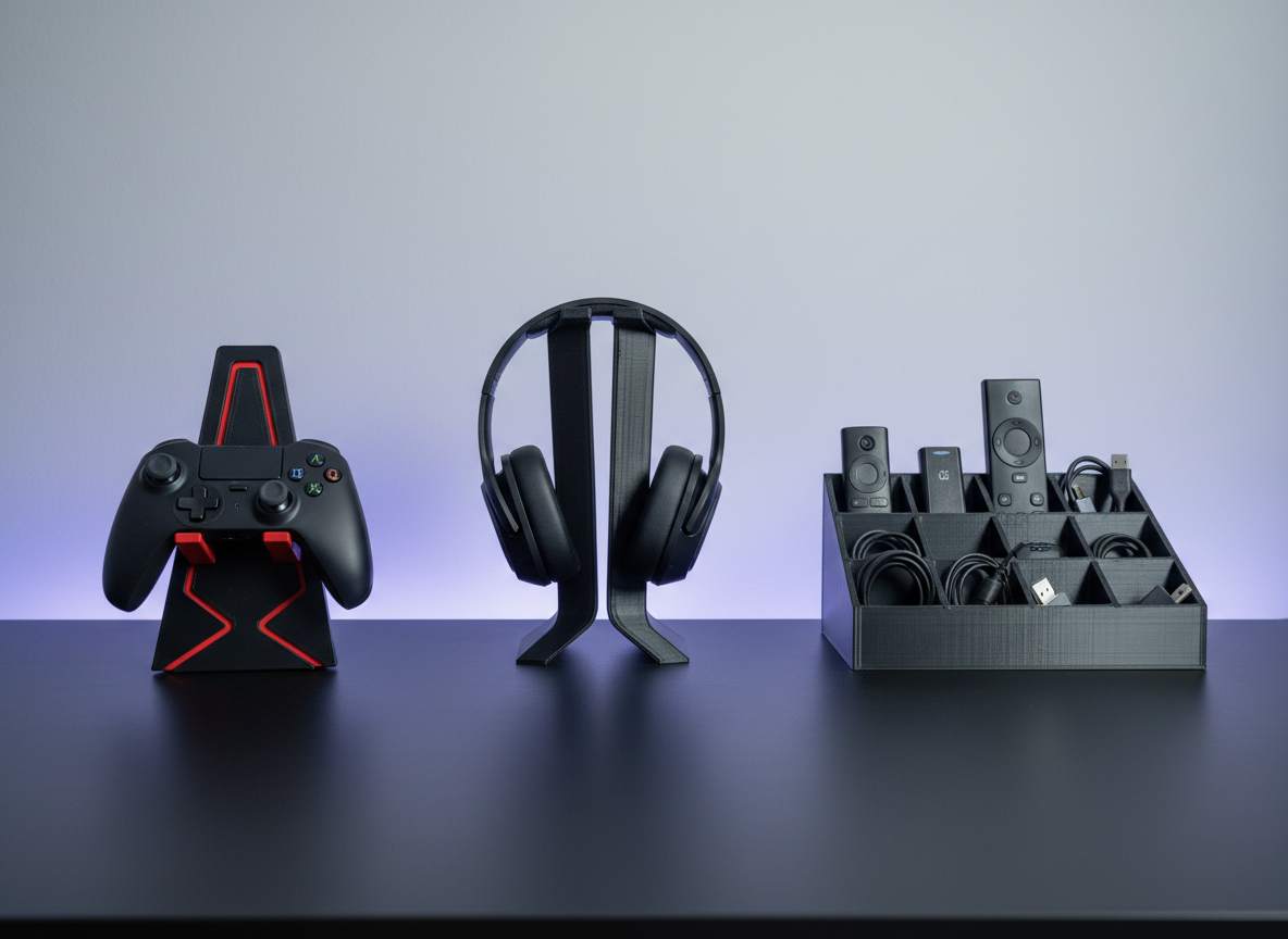 Una escena de escritorio gamer minimalista con accesorios impresos en 3D: un soporte para mandos de consola en forma geométrica angular, acabado negro mate con detalles en rojo, un soporte para audífonos estilizado y un organizador para controles remotos y cables en gris antracita. Todos están alineados sobre un escritorio negro liso frente a una pared neutra gris claro. Iluminación de ambiente con luz fría tenue y una suave retroiluminación azul violeta que crea reflejos sutiles en las superficies plásticas. Fotografía realista, encuadre panorámico a nivel de escritorio, profundidad de campo nítida en todo el conjunto, atmósfera moderna, ordenada y profesional, comunicando cómo la impresión 3D mejora la organización del setup gamer.