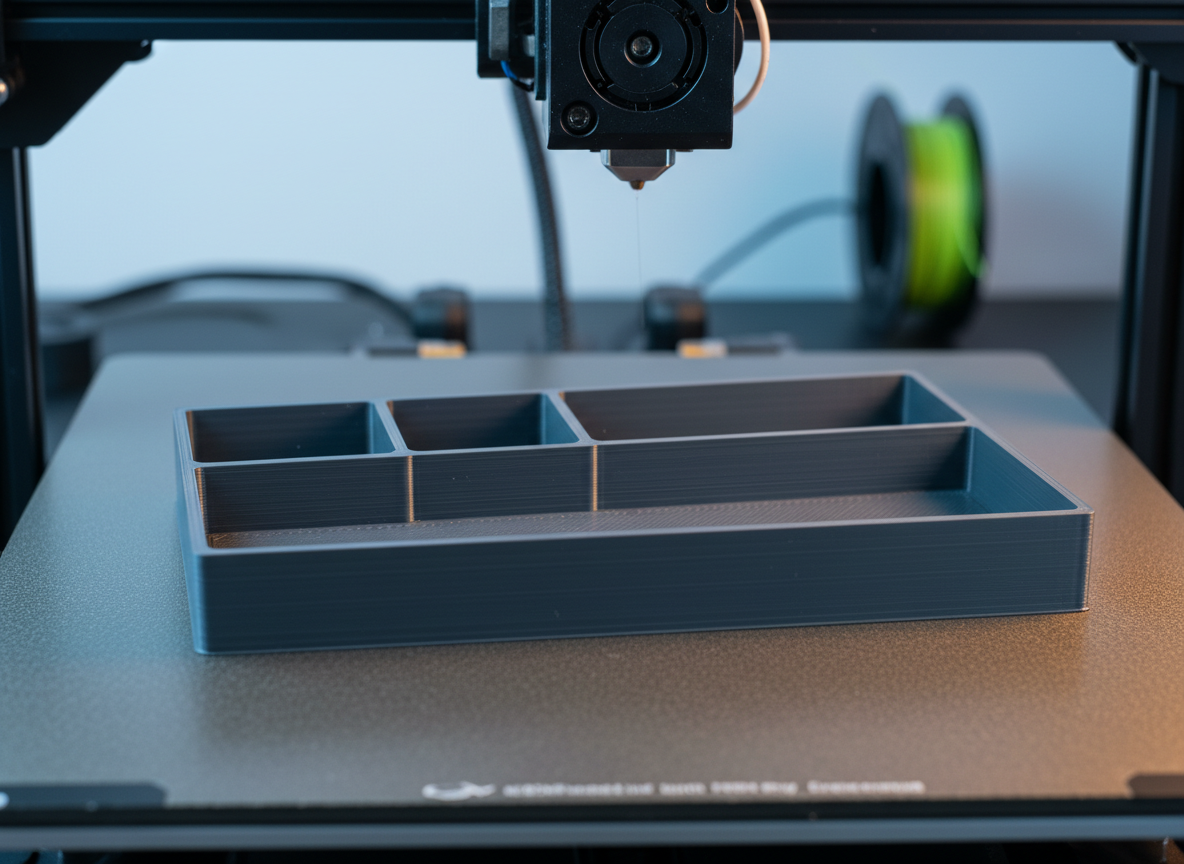 Un primer plano de una pieza 3D personalizada en proceso: una bandeja organizadora para escritorio, de plástico PLA gris oscuro con superficie ligeramente satinada, aún sobre la cama de una impresora 3D de calidad profesional. Se aprecian con detalle las líneas de capa finas y precisas, bordes limpios y una boquilla metálica detenida justo por encima de la pieza. La cama tiene superficie texturizada y adhesiva, perfectamente nivelada. Luz blanca fría de estudio desde arriba y un toque de luz lateral más cálida que resalta el volumen de las capas. Composición fotográfica realista, vista ligeramente elevada, fondo desenfocado con otras bobinas de filamento sugeridas, atmósfera técnica, precisa y confiable, ideal para explicar el proceso de impresión.