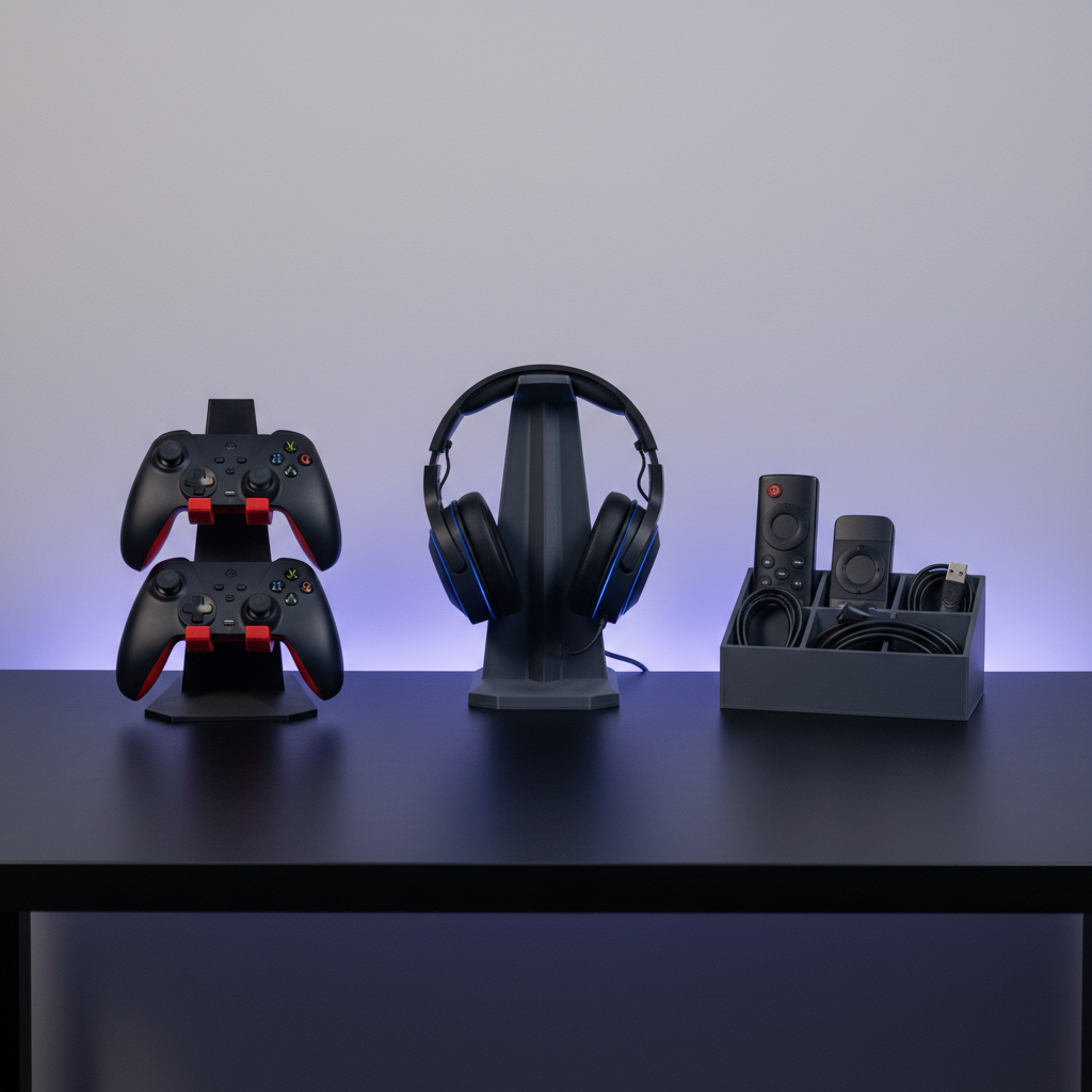 Una escena de escritorio gamer minimalista con accesorios impresos en 3D: un soporte para mandos de consola en forma geométrica angular, acabado negro mate con detalles en rojo, un soporte para audífonos estilizado y un organizador para controles remotos y cables en gris antracita. Todos están alineados sobre un escritorio negro liso frente a una pared neutra gris claro. Iluminación de ambiente con luz fría tenue y una suave retroiluminación azul violeta que crea reflejos sutiles en las superficies plásticas. Fotografía realista, encuadre panorámico a nivel de escritorio, profundidad de campo nítida en todo el conjunto, atmósfera moderna, ordenada y profesional, comunicando cómo la impresión 3D mejora la organización del setup gamer.