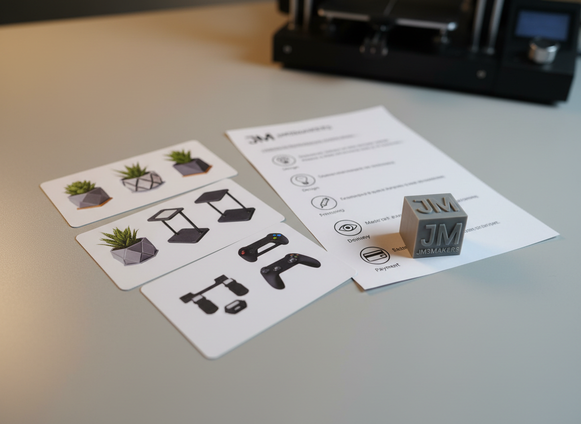Una escena detallada de pago y proceso de pedido sin mostrar dispositivos personales: sobre una superficie gris clara reposan varias tarjetas de muestra con diseños de piezas 3D (macetas, soportes, accesorios gamer) acompañadas de un pequeño bloque impreso en 3D con el logo de JM3DMAKERs en relieve. A un lado, un documento impreso tipo ficha técnica con iconos claros de pasos: diseño, impresión, revisión, entrega y pago. Iluminación suave de estudio, ligeramente cálida, que crea un ambiente confiable y profesional. Fotografía realista, encuadre a 45 grados desde arriba, fondo difuminado con una impresora 3D borrosa sugerida en la esquina. El ambiente transmite claridad, transparencia y seriedad en el proceso de compra y personalización.