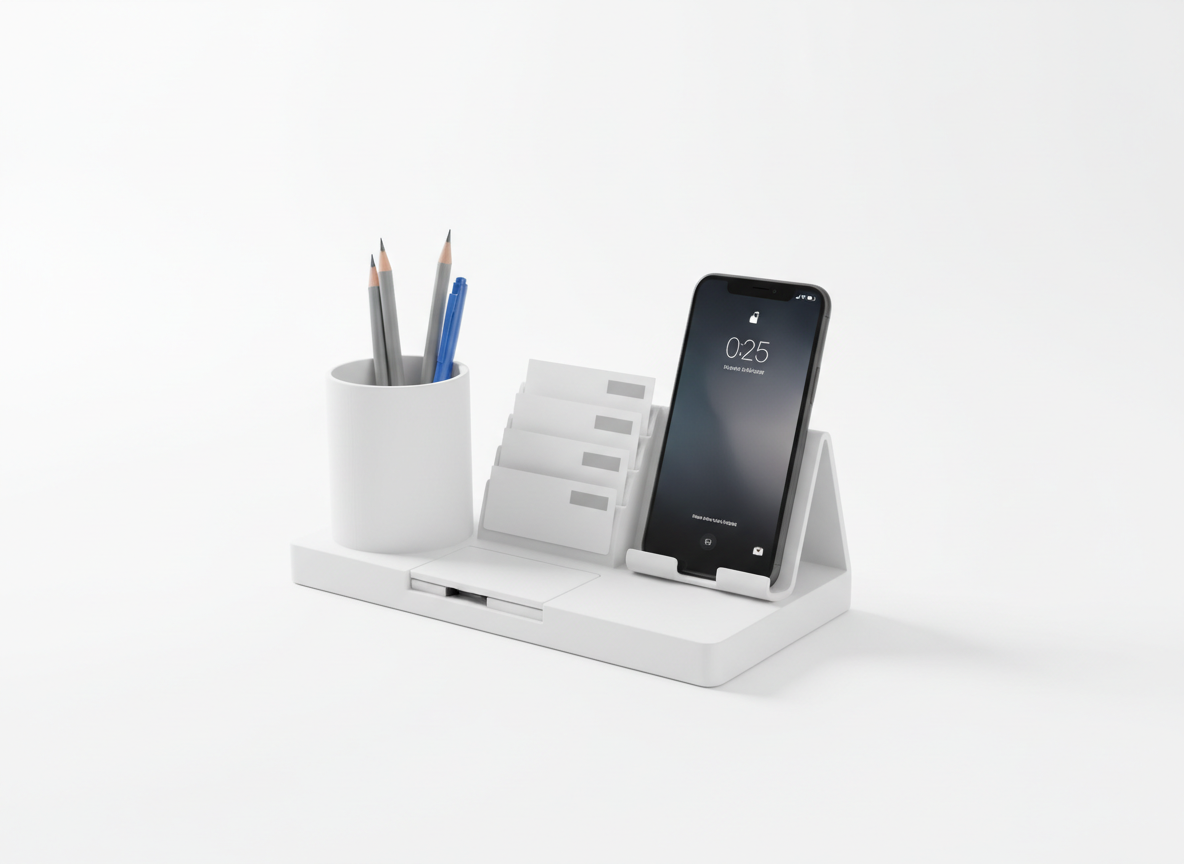 Soporte Multifunción con Base para Móvil impreso en 3D, con espacio para lápices, tarjetas y smartphone